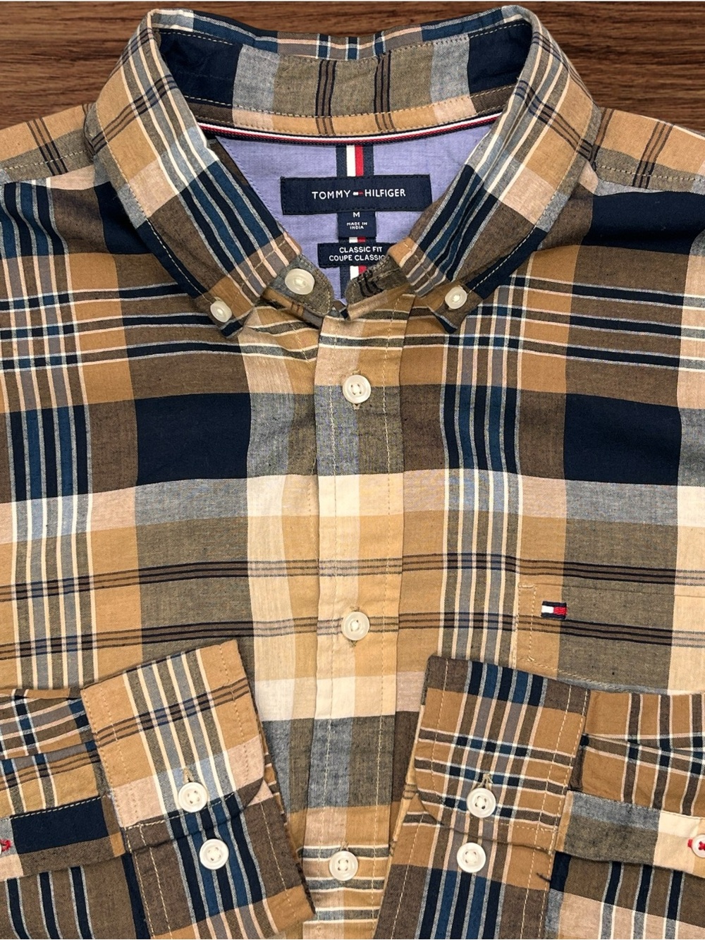 Tommy Hilfiger Tan and Blue Plaid Long Sleeve Button Down. Classic Fit - Medium